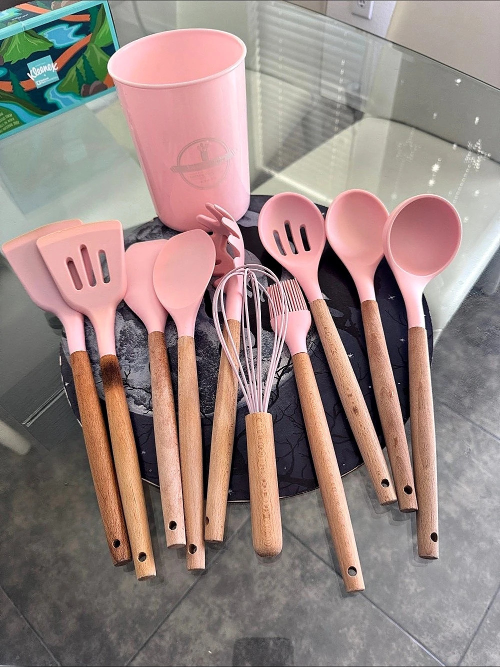 Pink & Brown Kitchen Utensil Set with Holder